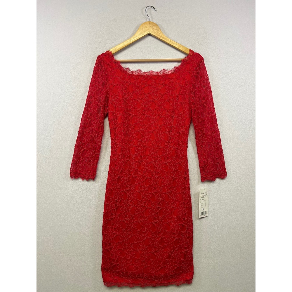 Cocktail Formal Joseph Ribkoff Womens 8 Red Floral Lace 3/4 Sleeve Sheath Dress